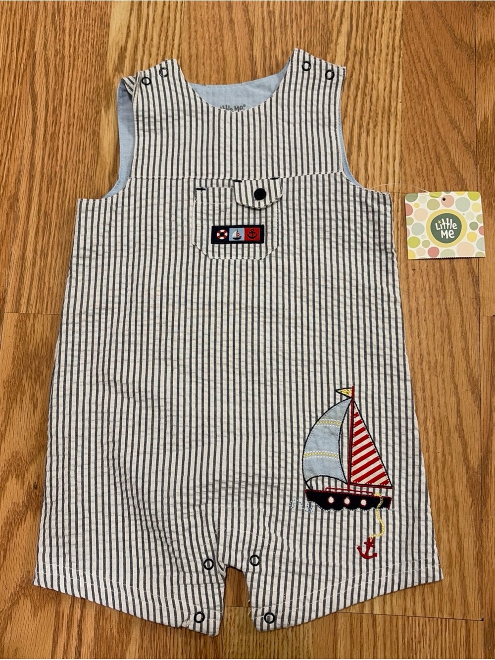Little Me Navy and White Seersucker Sailboat Pocket Romper